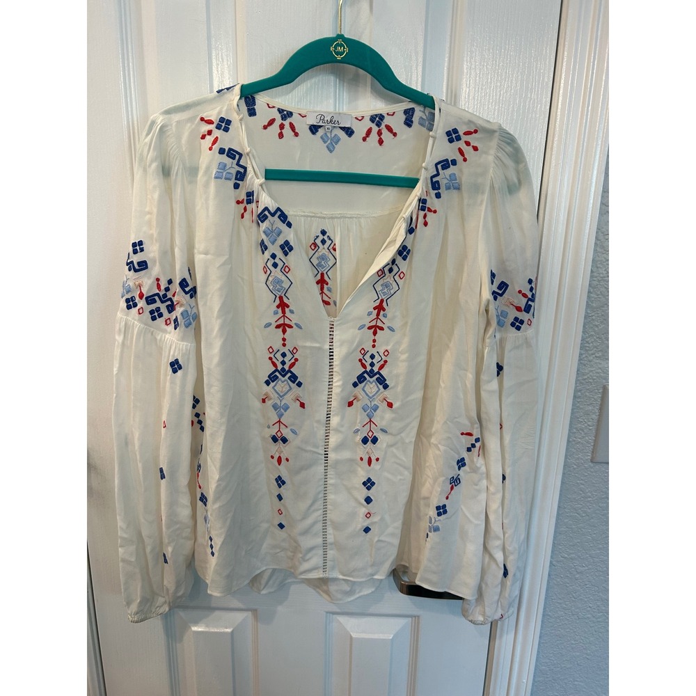 Parker Peasant Blouse Ivory Embroidered Long Puff Sleeve Boho Top XS